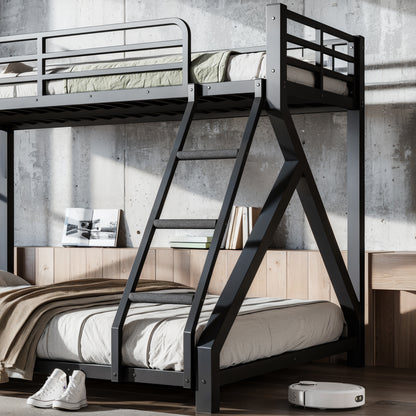 Twin XL over Queen Bunk Bed with ladders, Metal Bunk Bed with Full Upgraded Support Slats, Low Profile Bunk Bed, Black image 6