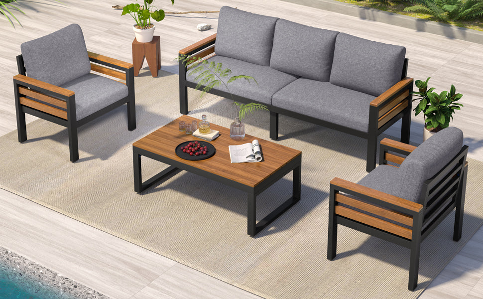 <Old SKU: N704G201246E> GO 4-Piece Outdoor Furniture Sofa Set for 5 People with Acacia Wood Armrests, Patio Conversation Set with Removable Cushion and Solid Wood Coffee Table for Garden, Grey image 7