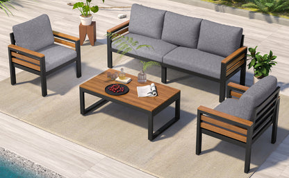 <Old SKU: N704G201246E> GO 4-Piece Outdoor Furniture Sofa Set for 5 People with Acacia Wood Armrests, Patio Conversation Set with Removable Cushion and Solid Wood Coffee Table for Garden, Grey image 7