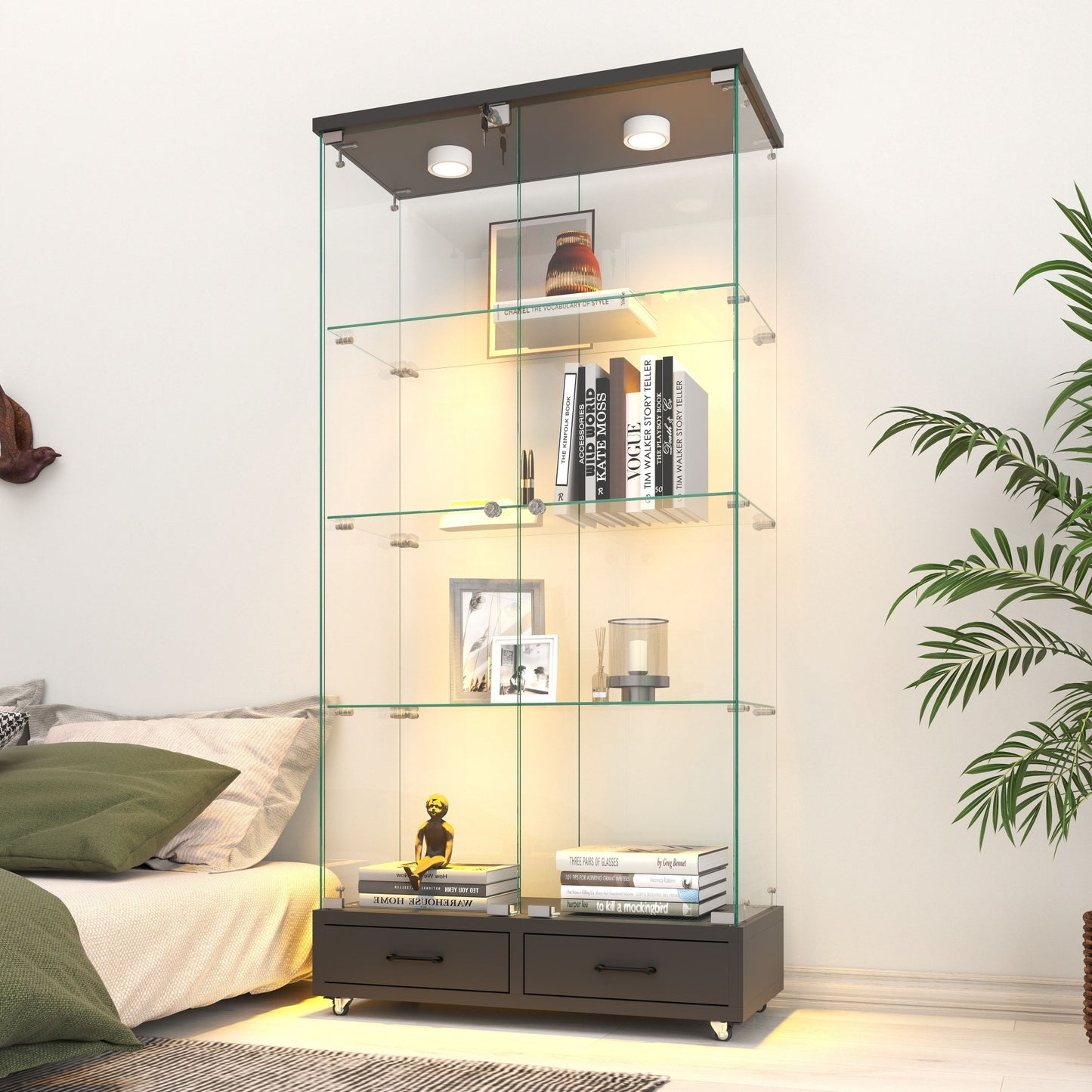 Modern Glass Display Cabinet with 2 Large Drawers, Quick-assembly Antique Cabinet with LED lights, Tempered Glass Bookshelf, 2-Door Storage Case with 4 Shelves for Living Room and Bedroom, black image 1