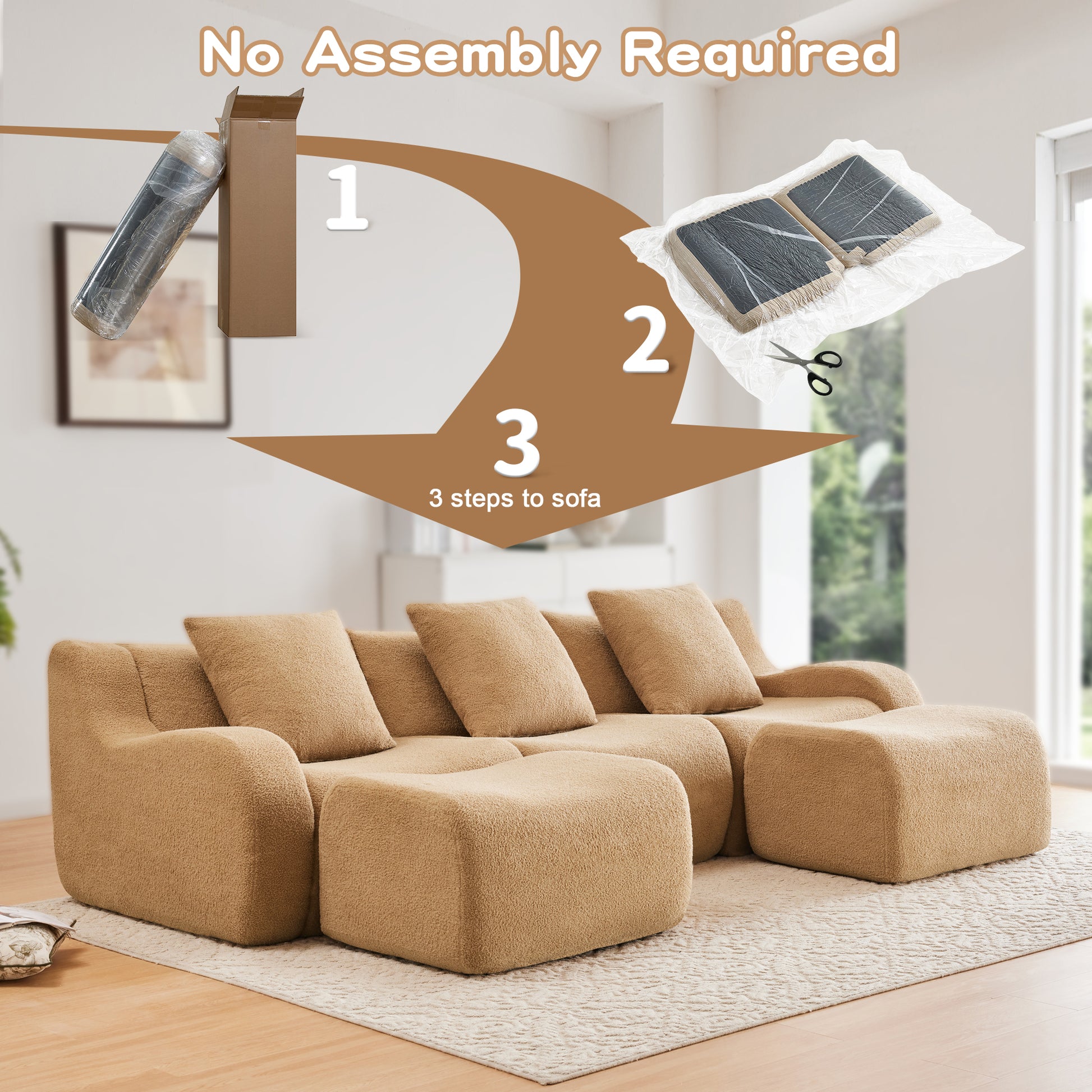 U-shaped Soft Teddy Fabric Boneless Sofa, Assembly Chaise,No Assembly Required Curved Armrest,Anti-Slip Design 32D High Density Sponge Streamlined Design,Fits Living Rooms Reading Nook,Camel image 12