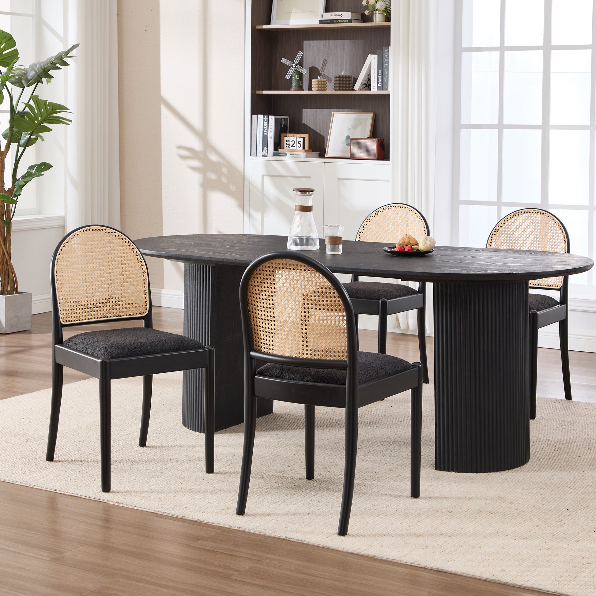 Rattan Dining Chairs Set of 2, Upholstered Linen Dining Room Chairs with Backrests, Modern Kitchen Chairs with Wood Legs for Dining Room, Black image 2