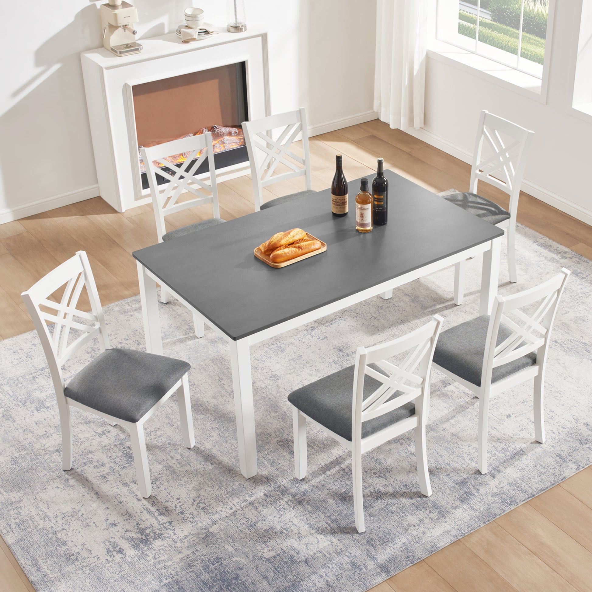 Modern 7-Piece Solid Wood Dining Set with 6 Upholstered Chairs – Grey & White Two-Tone Rectangular Table for 6, Space-Saving Kitchen & Dining Room Set, Easy Assembly image 2