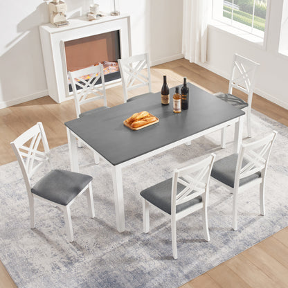 Modern 7-Piece Solid Wood Dining Set with 6 Upholstered Chairs – Grey & White Two-Tone Rectangular Table for 6, Space-Saving Kitchen & Dining Room Set, Easy Assembly image 2