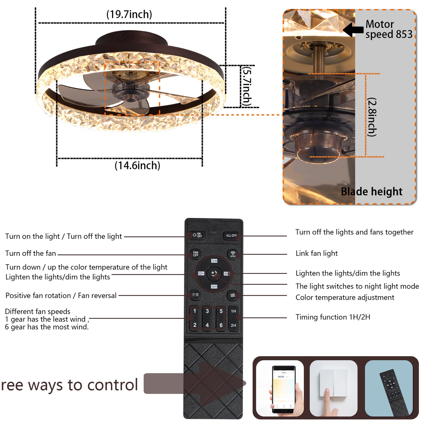 19.7" Ceiling Fans with Lights, Low Profile Ceiling Fan and Remote, Flush Mount Ceiling Fans, Stepless Dimmable LED Light, Brown Fixtures for Bedroom, Living Room image 8