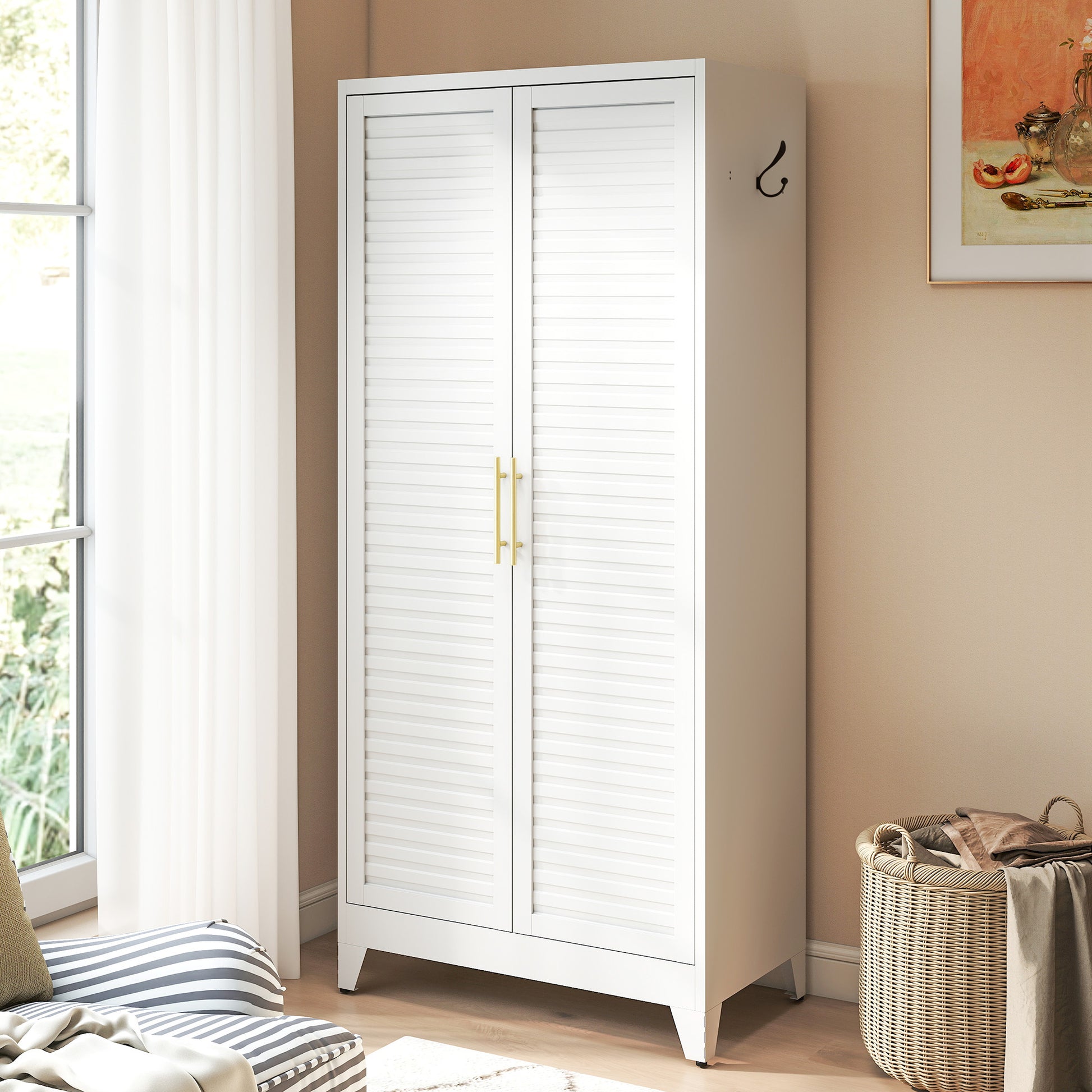 White Metal Wardrobe Closet with 2 Doors, 71″ Tall Portable Storage Cabinet for Bedroom, Lightweight Closet for Small Apartments, Dorm, Renters, Cold Rolled Steel, Easy Assembly image 1