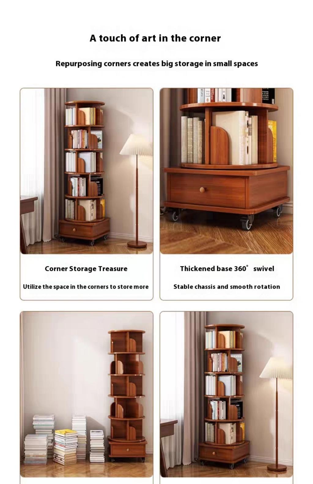 (UPGRADED) Rotating Bookshelf, 360 Display Corner Bookshelf for Small Space, 6 Tier Bookcase Storage Rack with Wheels, Wood Narrow Organizer for Bedroom, Living Room, Study Room, Walnut Brown image 5