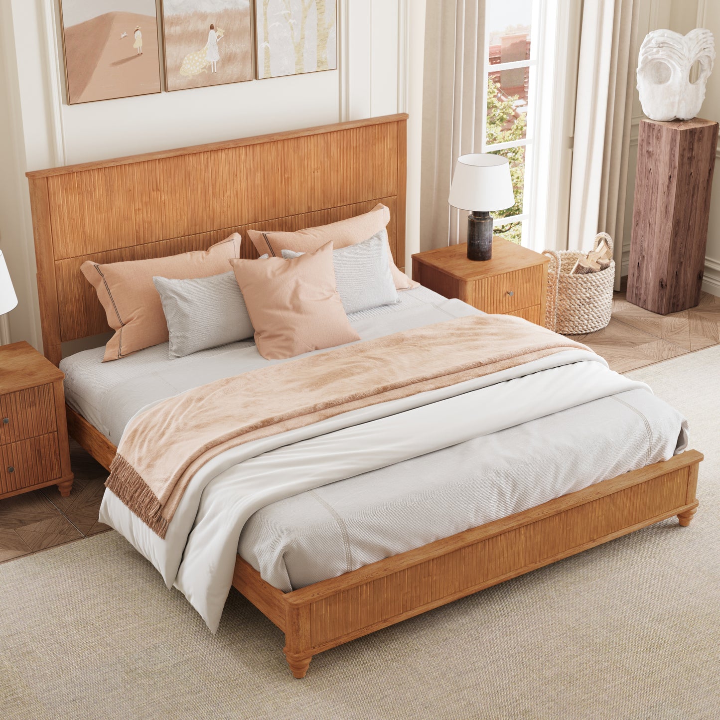 Solid Wood Bed Frame,King Platform Bed Frame with Headboard,Tall Headboard Natural Wood Bed,No Box Spring Needed,Natural image 4