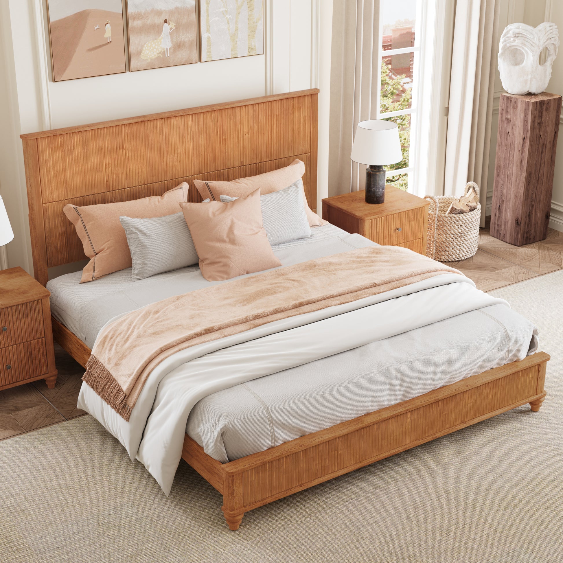 Solid Wood Bed Frame,King Platform Bed Frame with Headboard,Tall Headboard Natural Wood Bed,No Box Spring Needed,Natural image 4