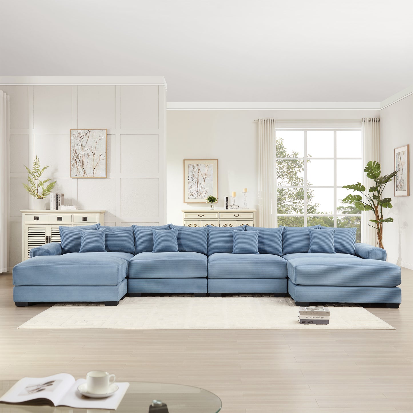 170"Oversized Cloud Modular U-Shape Sectional Couch,Premium Corduroy Fabric With An Ottoman,Deep Seat Wide Armrests,8 Throw Pillows Good Resilience Cushion,Easy Assembly, For Living Rooms Studies,Blue image 3