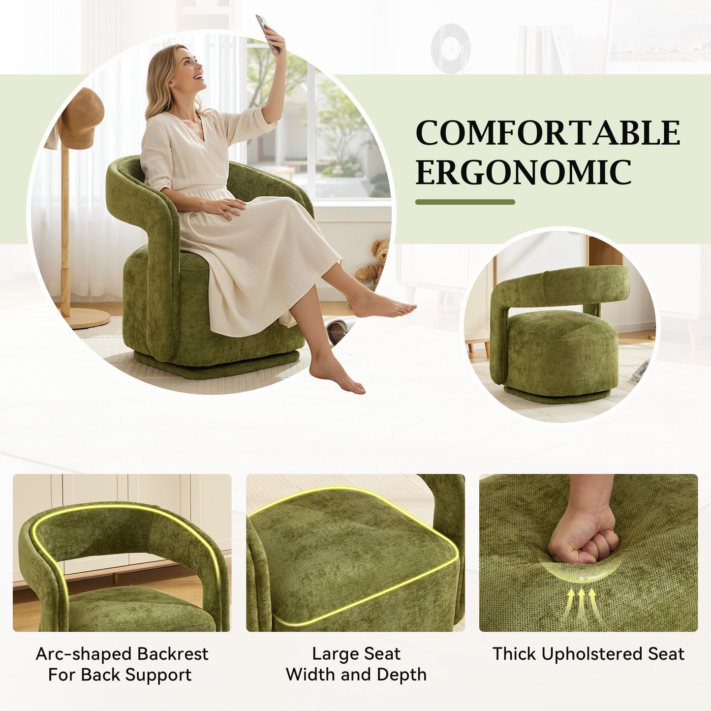 065-Chenille Fabric Swivel Accent Armchair, Comfy Barrel Leisure Chair With Curved Backrest, Upholstered Reading Chair With Black Swivel Base, 22-inch large seat depth and width, Green image 5