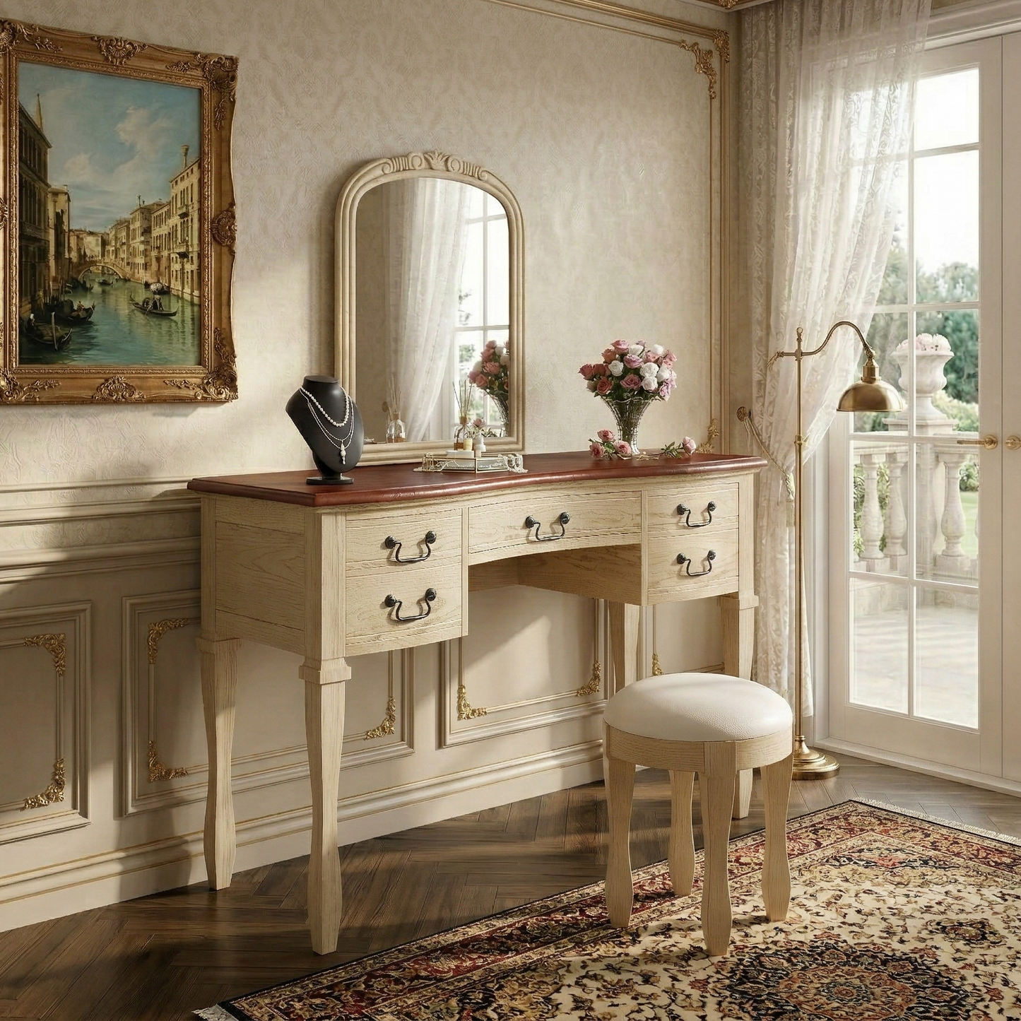 46" Vintage Makeup Vanity with Curved Flower Frame Mirror, Elegant Dressing Table with 5 Drawers and Leather Stool, Vanity Desk with Solid Wood Legs and Antique Handles for Bedroom image 1