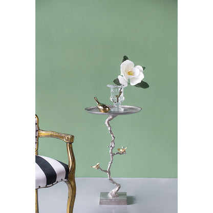 16.9x16.9x28" Round Aluminum Side Table with Silver Branch Design and Gold Bird Accents image 1