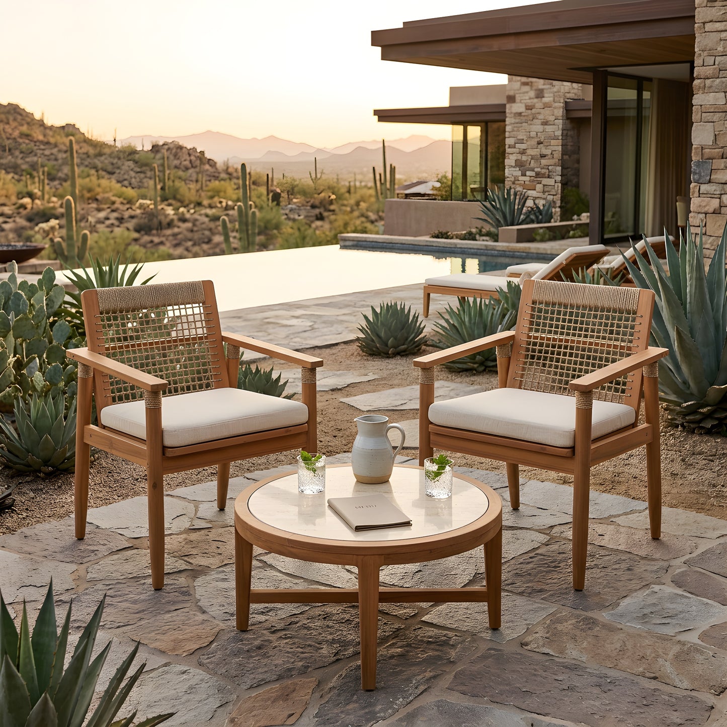 Outdoor Dining Chairs Set of 2, Acacia Wood Patio Armchair with Multi Brown Rope Design Back and Arms and Beige Washable Cushion,for Backyard, Poolside, Garden,Light teak image 4