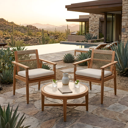 Outdoor Dining Chairs Set of 2, Acacia Wood Patio Armchair with Multi Brown Rope Design Back and Arms and Beige Washable Cushion,for Backyard, Poolside, Garden,Light teak image 4