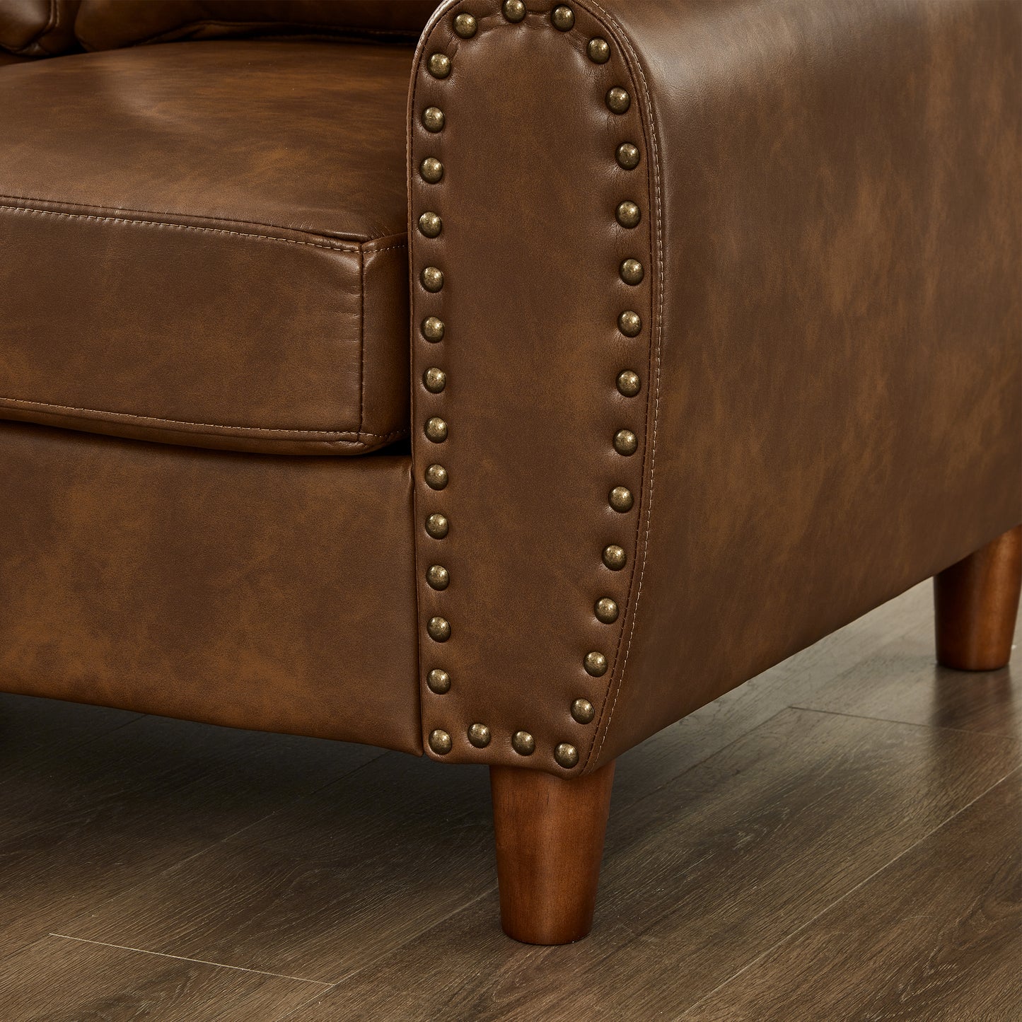 81.5" Classic Living Room Sofa Faux Leather Couch,Rolled Arm Sofa with Nails,Solid Wood Legs,Upholstered Breathable PU Leather Brown. image 4