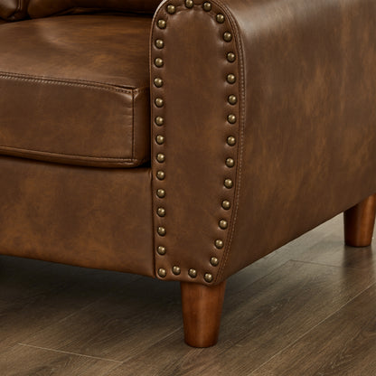 81.5" Classic Living Room Sofa Faux Leather Couch,Rolled Arm Sofa with Nails,Solid Wood Legs,Upholstered Breathable PU Leather Brown. image 4