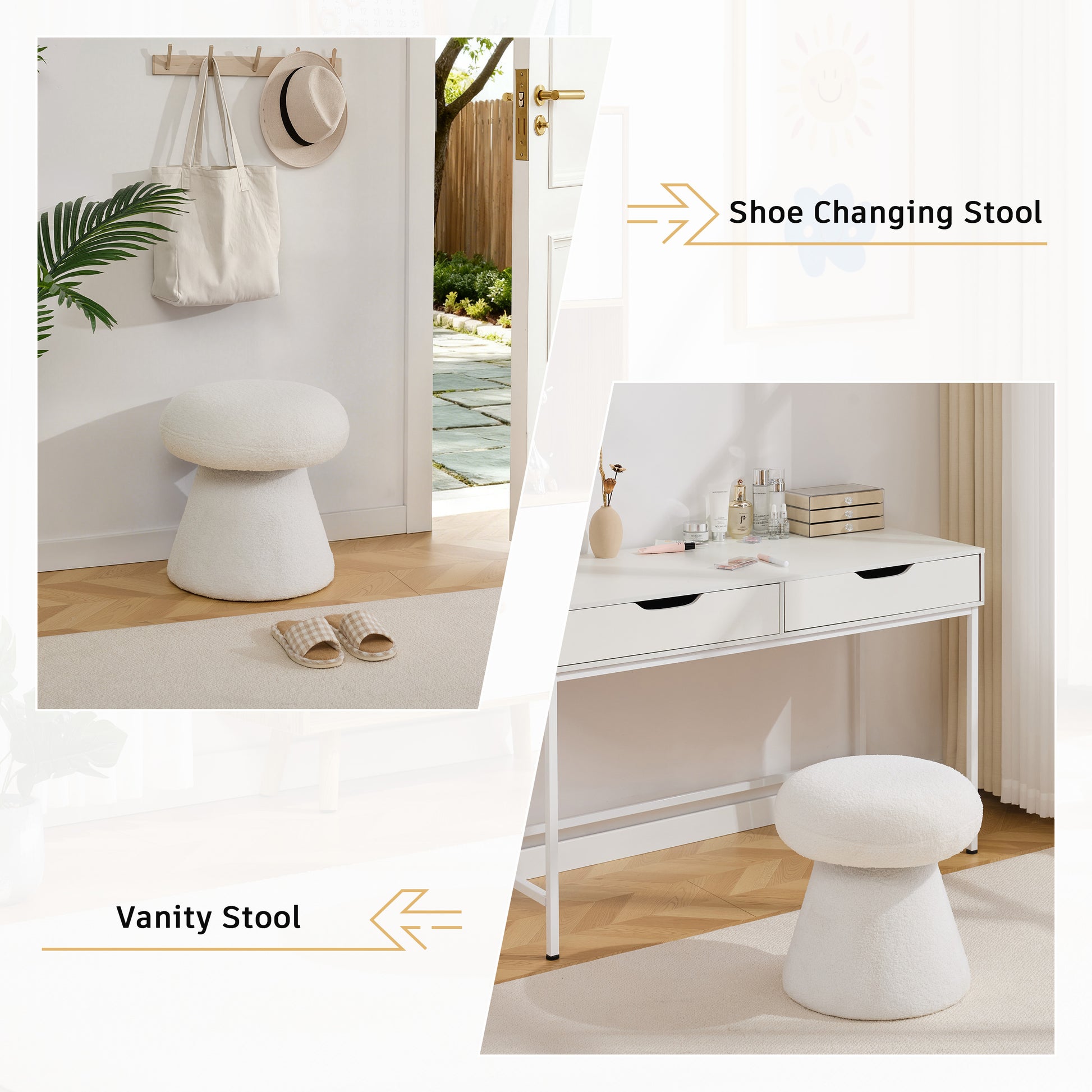 066-Teddy Fabric Soft-padded Footstool, Mushroom shaped Ottoman, Shoe-changing Stool, Makeup Stool,No Installation Required, Suitable For Bedrooms, Living Rooms, Powder Rooms Or Entrances, White image 6