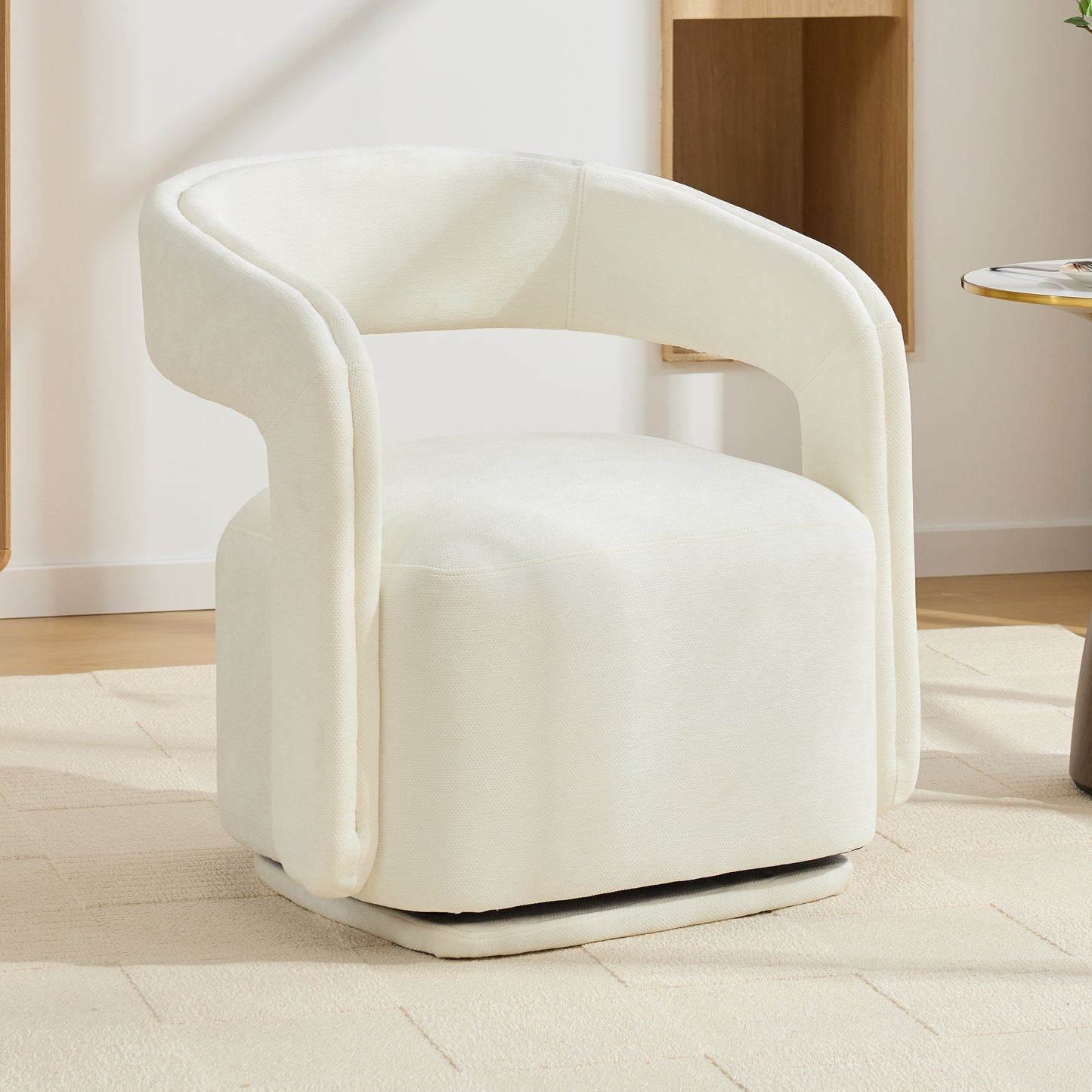 065-Chenille Fabric Swivel Accent Armchair, Comfy Barrel Leisure Chair With Curved Backrest, Upholstered Reading Chair With Black Swivel Base, 22-inch large seat depth and width, White image 1
