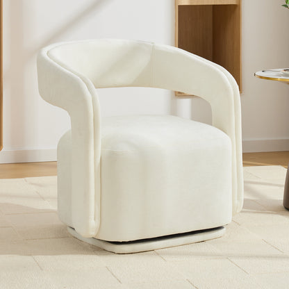 065-Chenille Fabric Swivel Accent Armchair, Comfy Barrel Leisure Chair With Curved Backrest, Upholstered Reading Chair With Black Swivel Base, 22-inch large seat depth and width, White image 1