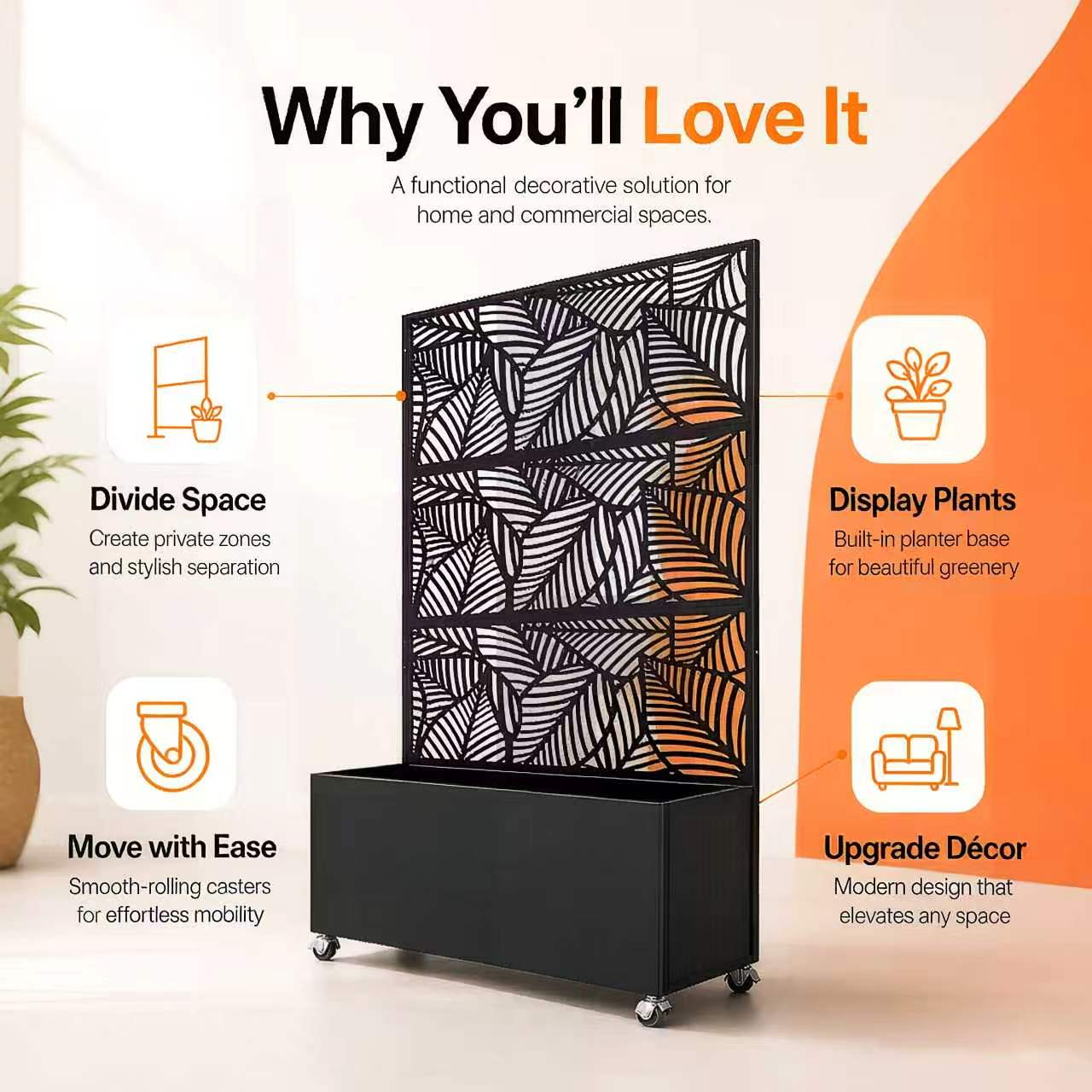 70.87" H × 46.06" W Leaf Pattern Privacy Screen with Planter Box, Black Metal Freestanding Decorative Fence Planter for Patio Balcony Backyard image 9