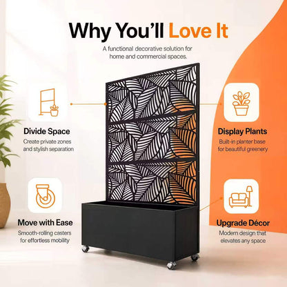 70.87" H × 46.06" W Leaf Pattern Privacy Screen with Planter Box, Black Metal Freestanding Decorative Fence Planter for Patio Balcony Backyard image 9
