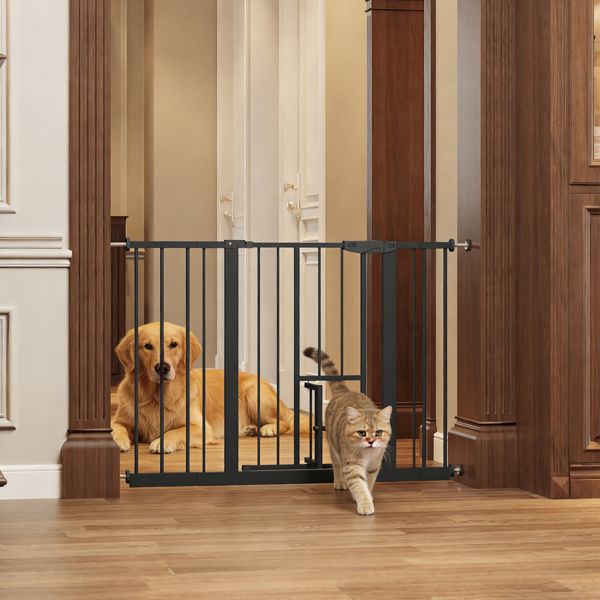 Baby Gate with Cat Door, 29.5-44.1" Metal Pet Door for Stairs & Doorways,Pressure Mounted,No Tools Needed, Black image 1