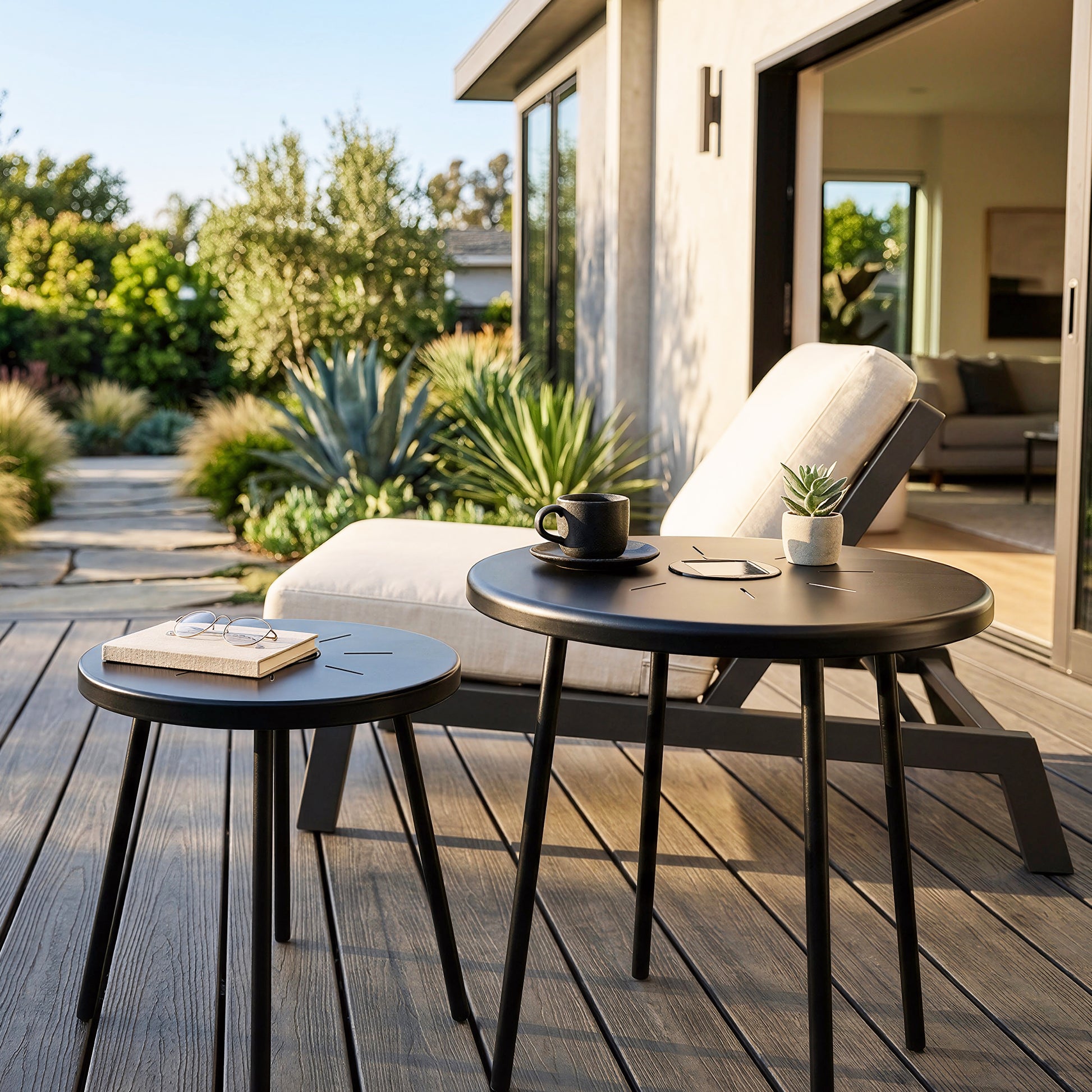 2-Pack Solar Powered Side Table with LED Light, Outdoor/Indoor Nesting Round End Table Set image 1
