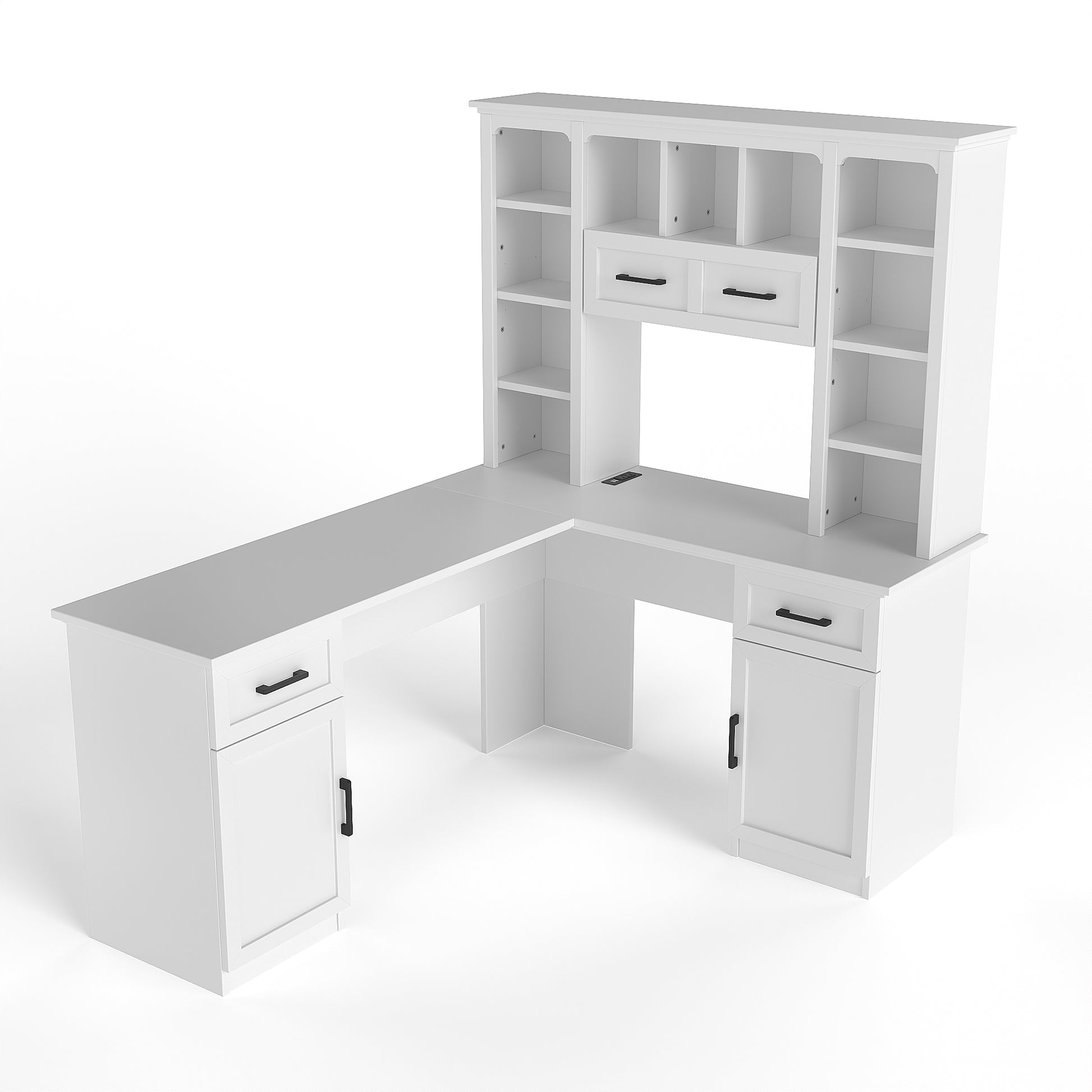 L-Shaped Computer Desk with 2 Cabinets and 2 Drawers, 11 Open Shelves and 1 Right Flip Shelf with Storage, with Power Outlet, for Study, Living Room and Office, White image 6