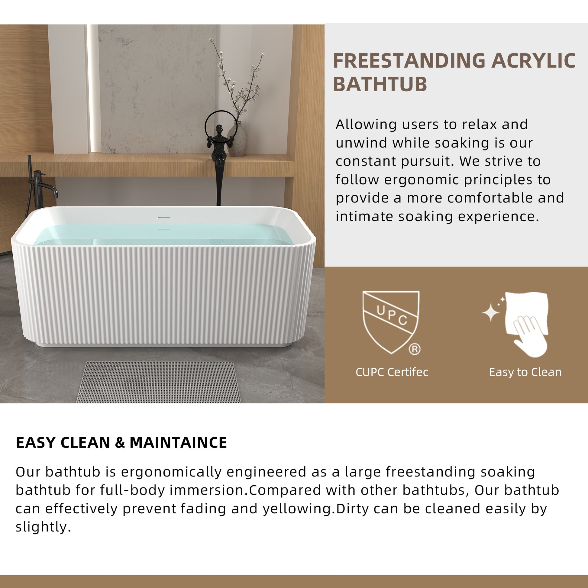 59"Rectangle Linear Acrylic Freestanding Bathtub Stand Alone Soaker Tub, Glossy White Acrylic, POP-UP Chrome Drain, cUPC Certified, image 11