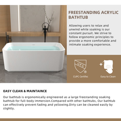 59"Rectangle Linear Acrylic Freestanding Bathtub Stand Alone Soaker Tub, Glossy White Acrylic, POP-UP Chrome Drain, cUPC Certified, image 11