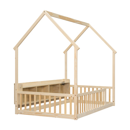Twin House Floor Bed with Storage Shelves,Built-in LED Lights & Charging Station,Pine Wood Floor Bed with Safety Guardrails,Natural image 5
