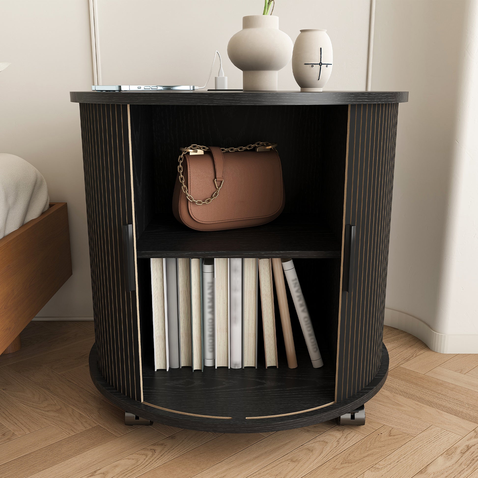 Set of 2 Mid Century Modern Cylinder End Table with Built-in Charging Station & Sliding Door, 2-Tier Storage Round Nightstand with USB Ports, Bedside Table for Living Room, Bedroom, Entryway-Black image 10