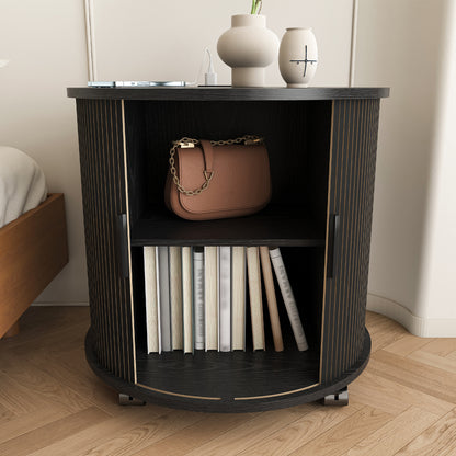 Set of 2 Mid Century Modern Cylinder End Table with Built-in Charging Station & Sliding Door, 2-Tier Storage Round Nightstand with USB Ports, Bedside Table for Living Room, Bedroom, Entryway-Black image 10