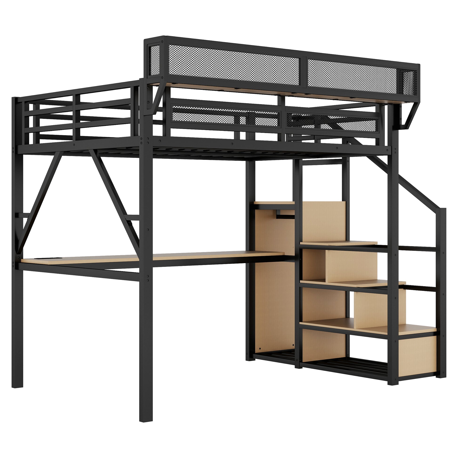 Full Loft Bed with Desk and Charging Station, Full Size Metal Loft Bed with Stairs and Light for Kids Teens, Black, Patent Products image 10