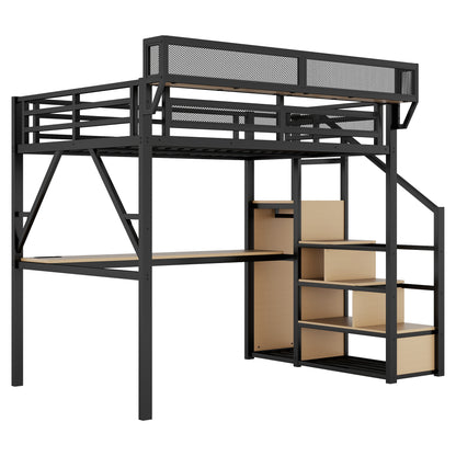Full Loft Bed with Desk and Charging Station, Full Size Metal Loft Bed with Stairs and Light for Kids Teens, Black, Patent Products image 10