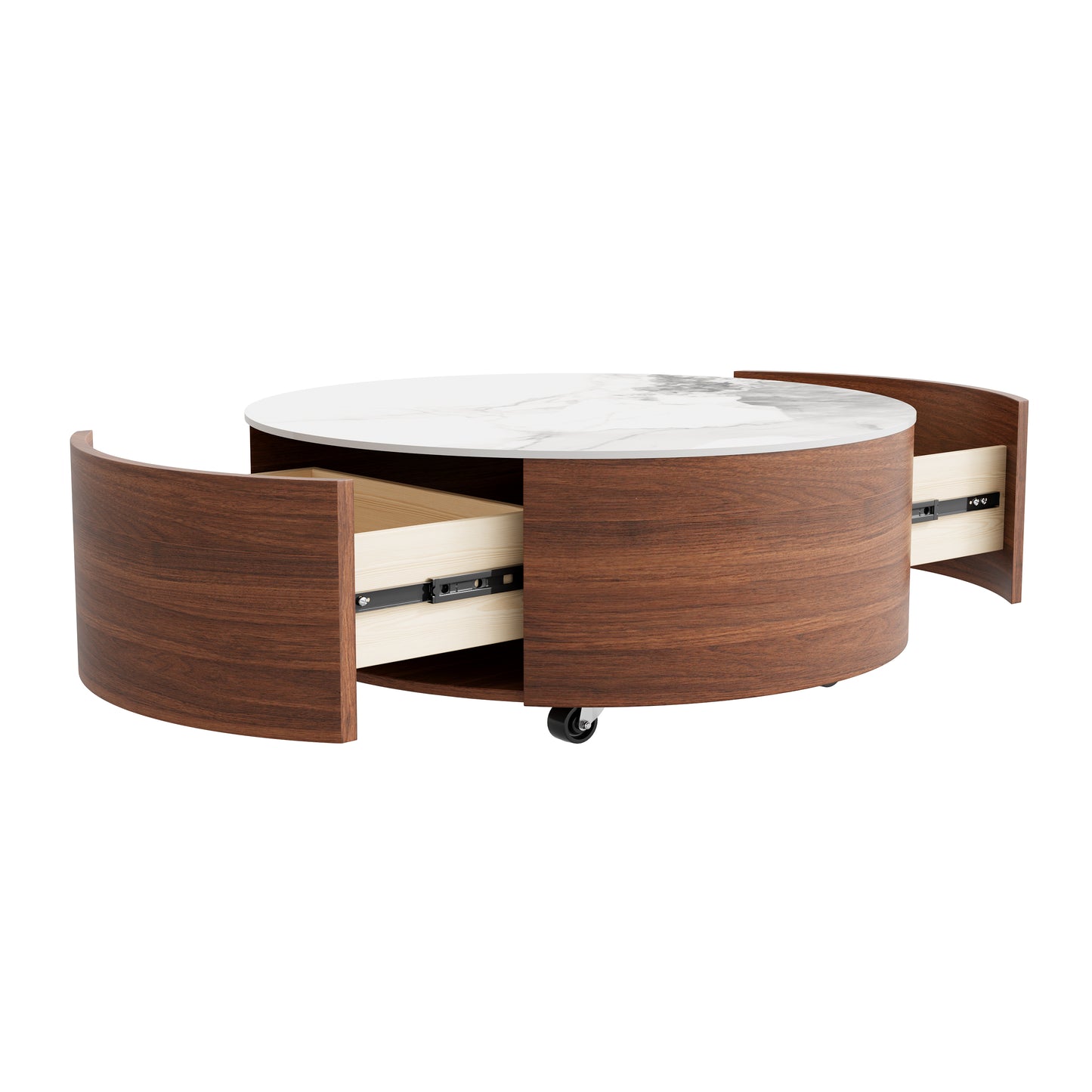 Modern Round Movable Coffee Table with Casters, 2 Drawers, Marble Pattern Sintered Stone Top, Walnut, 29.5" image 10