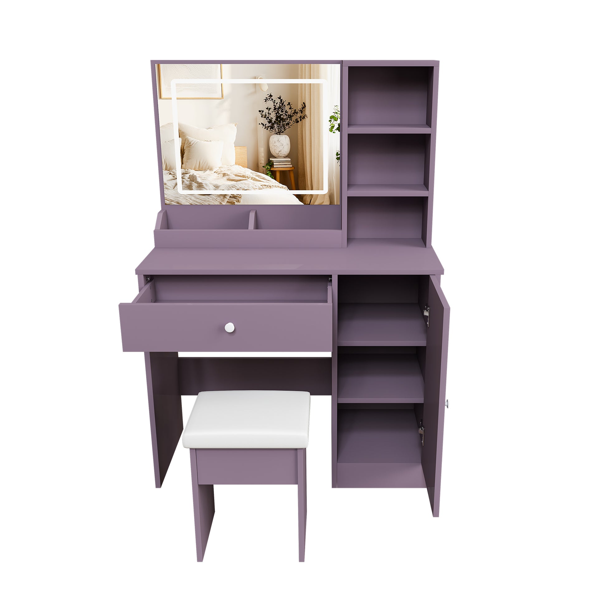 Stylish Vanity Desk Set with Padded Stool & Adjustable LED Lighted Mirror (3 Color Modes), Modern Bedroom Makeup Vanity Desk Combo, Purple image 11