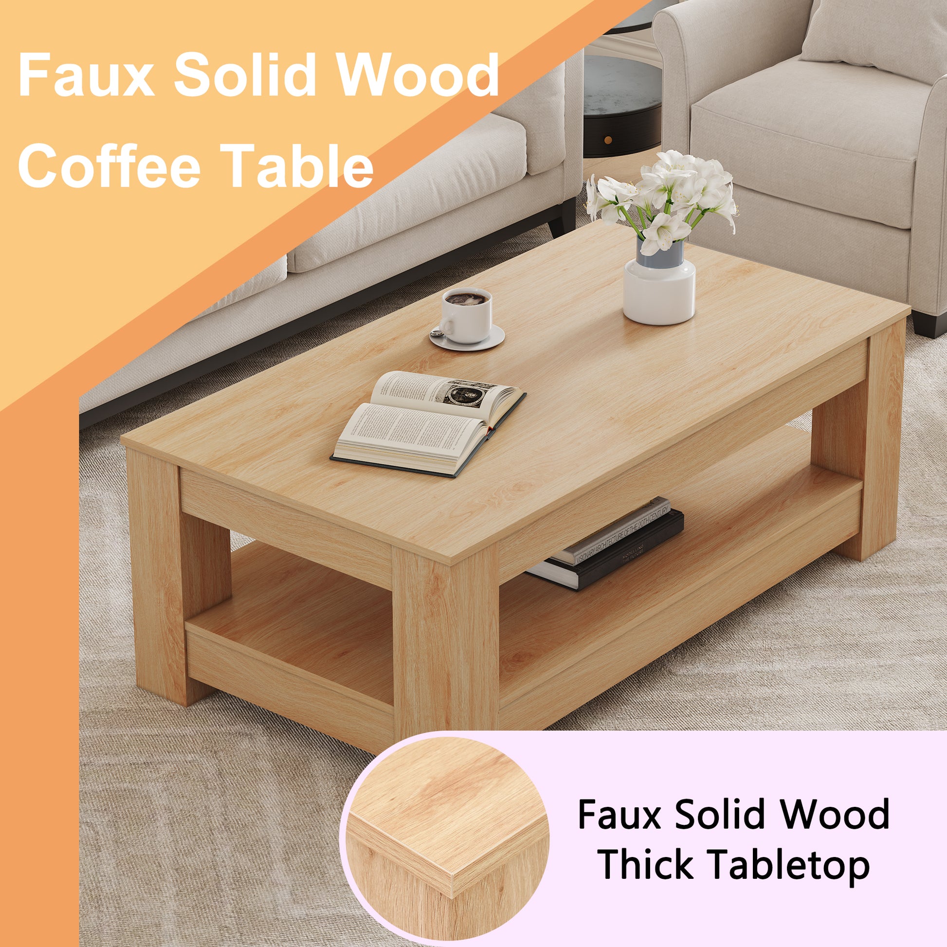 A modern and practical Natural Wood coffee table. The double layered coffee table is made of MDF material. Suitable for living room, bedroom, and study image 5