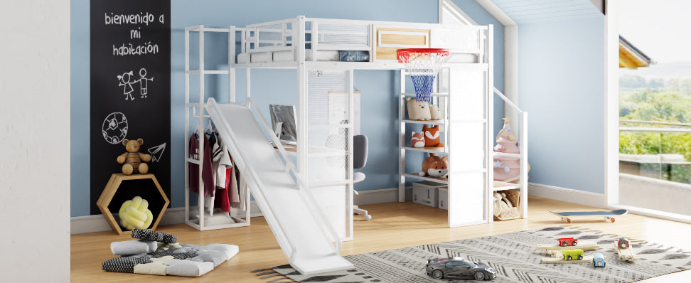 Full Size Metal Loft bed with Built-in Desk, Open Wardrobe, Basketball hoop, Slide and Staircase, White image 8