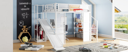 Full Size Metal Loft bed with Built-in Desk, Open Wardrobe, Basketball hoop, Slide and Staircase, White image 8