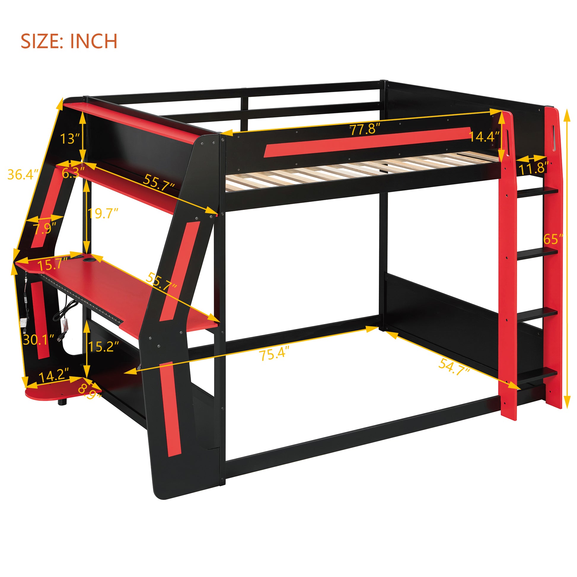 Full-Size Gaming Bunk Bed with Side-Mounted Oversized RGB Desk, USB Charging Ports & Cable Grommet, LED Light Strip, Heavy-Duty Esports Loft Frame – Cool Design-Red image 7
