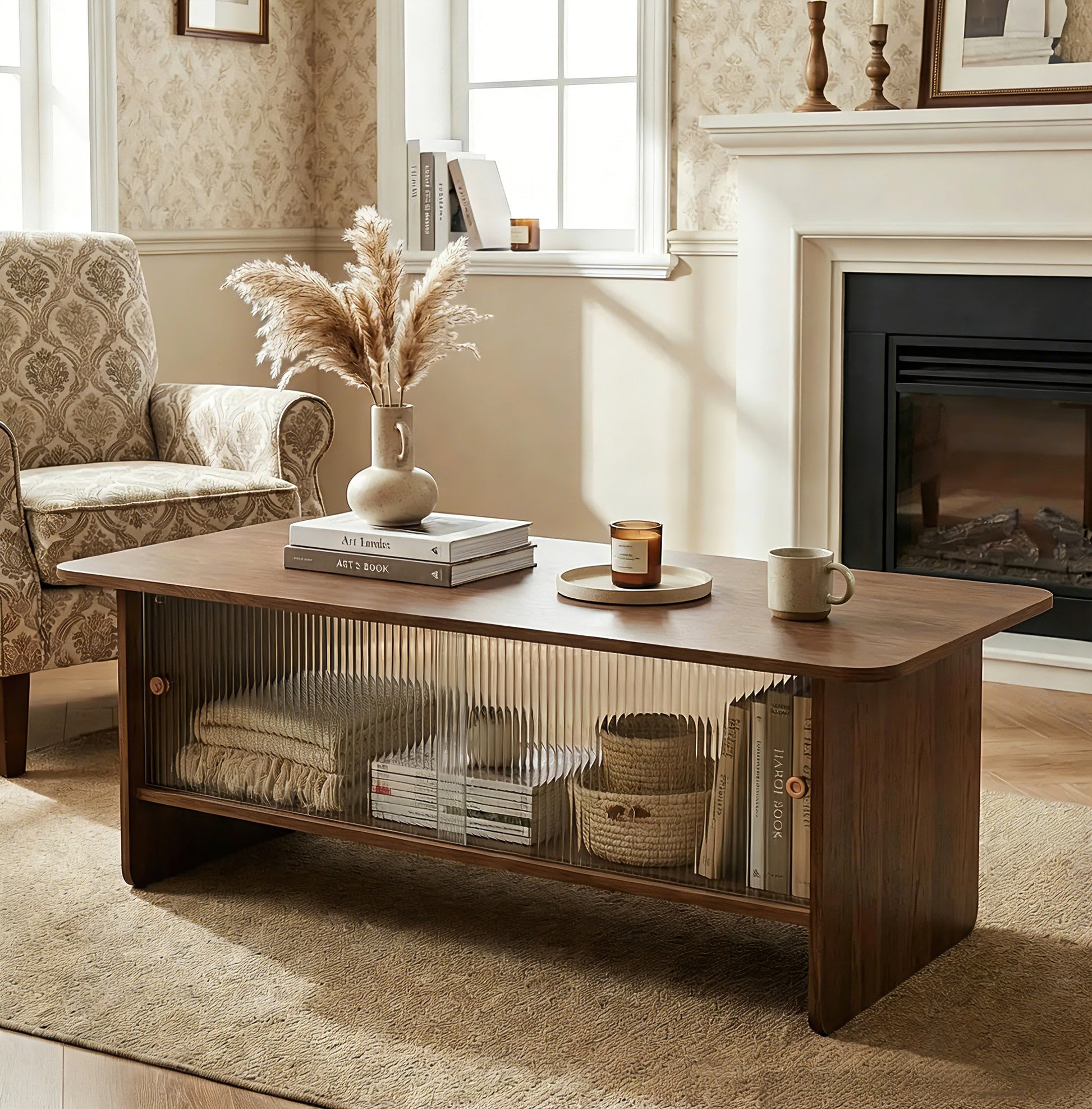 47" Coffee Table With Storage, Rectangular Mid-Century Retro Center Table, Fluted Glass Sliding Doors For Living Room Bedroom Guest Room, Walnut. image 3