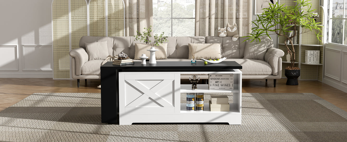 U-Can Farmhouse Lift Top Coffee Table With Barn Doors, Wood Rectangle Center Table With Large Hidden Storage Space And Open Cabinet, For Living Room, Bedroom, Home Office image 6