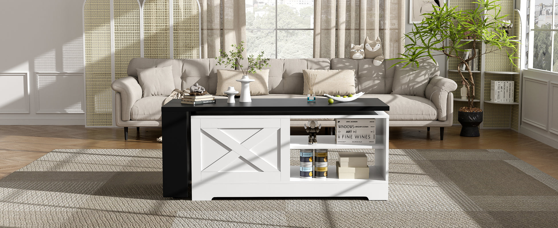U-Can Farmhouse Lift Top Coffee Table With Barn Doors, Wood Rectangle Center Table With Large Hidden Storage Space And Open Cabinet, For Living Room, Bedroom, Home Office image 6