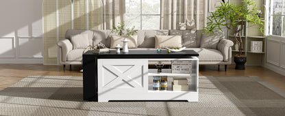 U-Can Farmhouse Lift Top Coffee Table With Barn Doors, Wood Rectangle Center Table With Large Hidden Storage Space And Open Cabinet, For Living Room, Bedroom, Home Office image 6