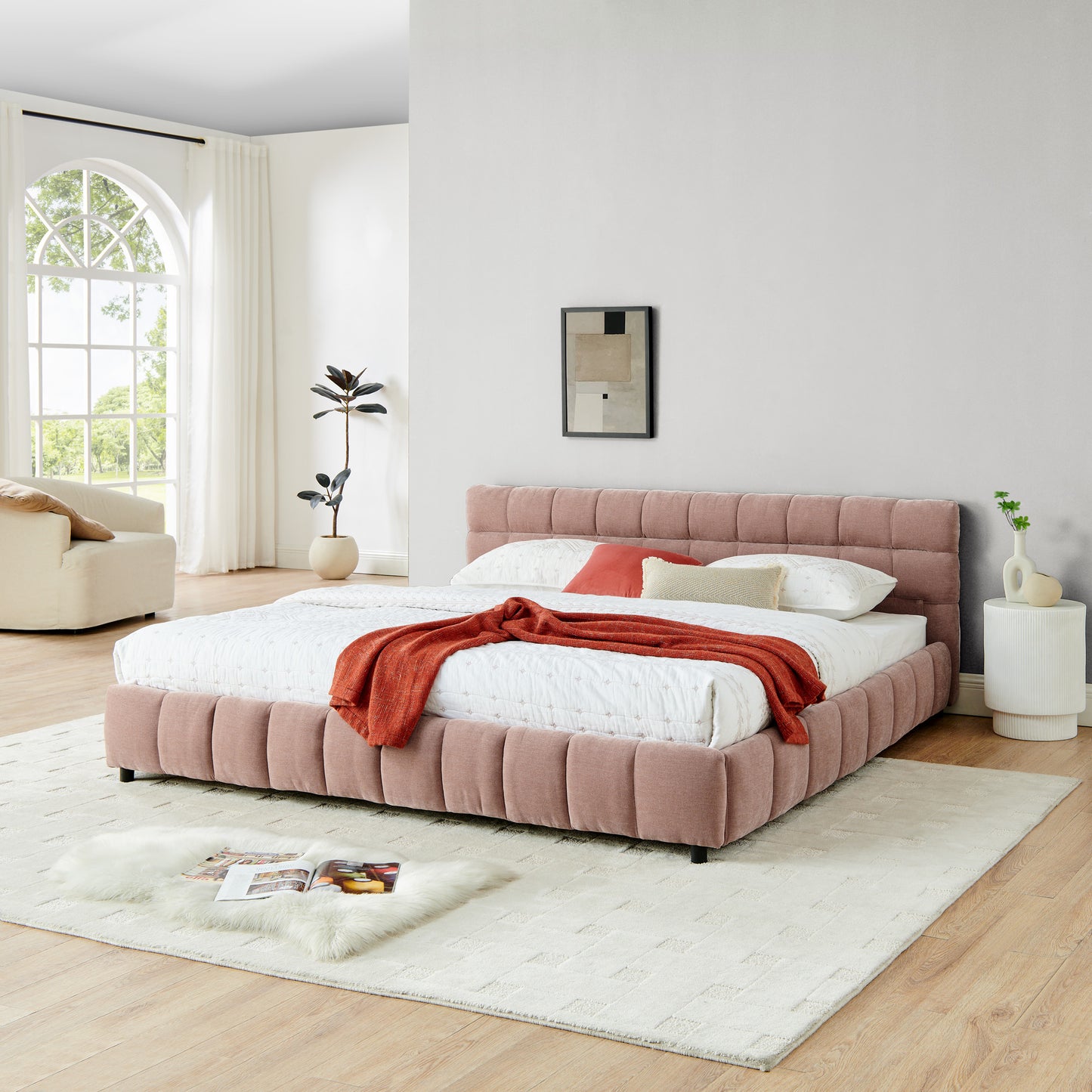 King Size Upholstered Bed,comfortable upholstered bed frame, Chenille fabric, with headboard and solid bed frame. With drawer for storage.-Pink(88.5''*85.5''*31'') image 4