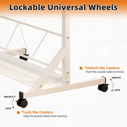 (WHITE) Wooden 1500 Piece Puzzle Table with Drawer, 35"*27.17" Adjustable Puzzle Table, 360° Tilting Puzzle Table with Legs and Wheels, Adjustable Height and Angle, with Protective Cover image 7