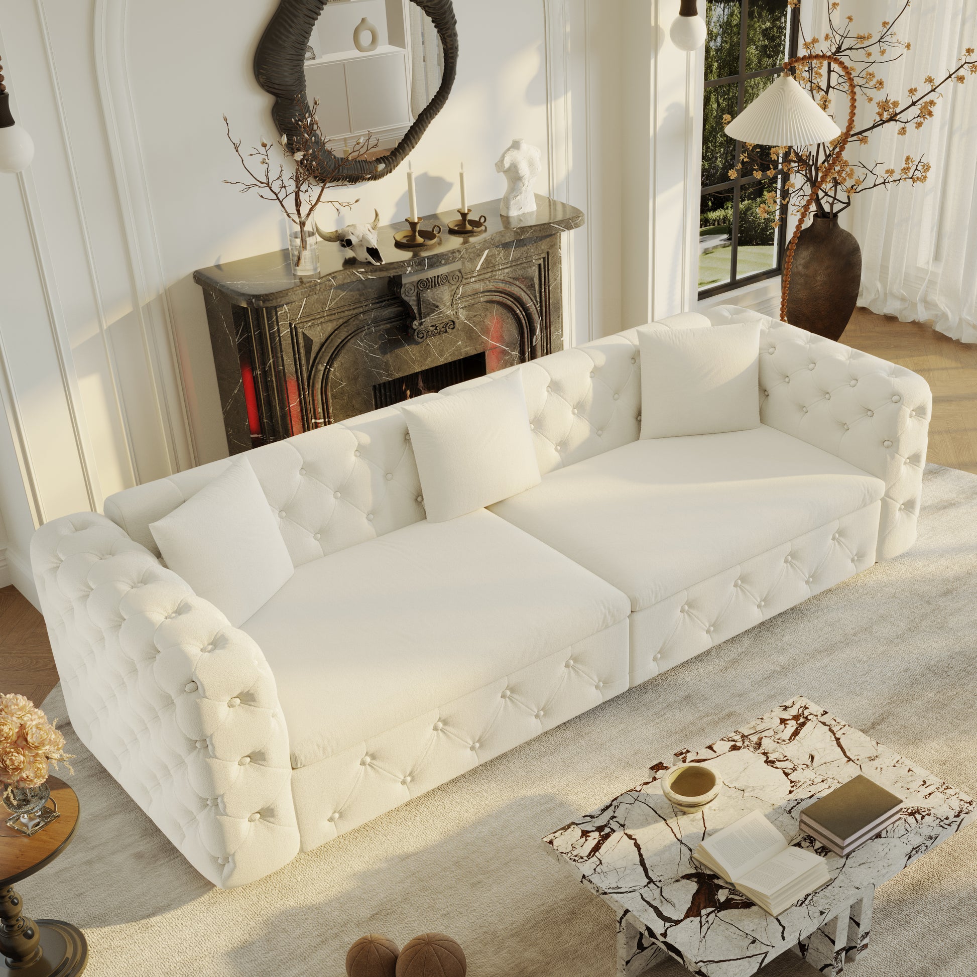 89" Extra Large Multifunctional Sofa Bed, 3-in-1 Pull Out Sofa, 4-Seater Classic Velvet Sofa with Tufted Design, Includes 3 Throw Pillows, Suitable for Apartments and Living Rooms, Beige&White image 9