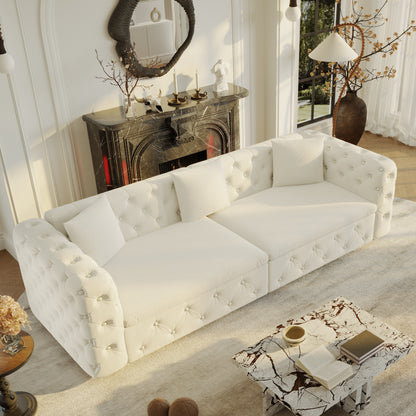 89" Extra Large Multifunctional Sofa Bed, 3-in-1 Pull Out Sofa, 4-Seater Classic Velvet Sofa with Tufted Design, Includes 3 Throw Pillows, Suitable for Apartments and Living Rooms, Beige&White image 9